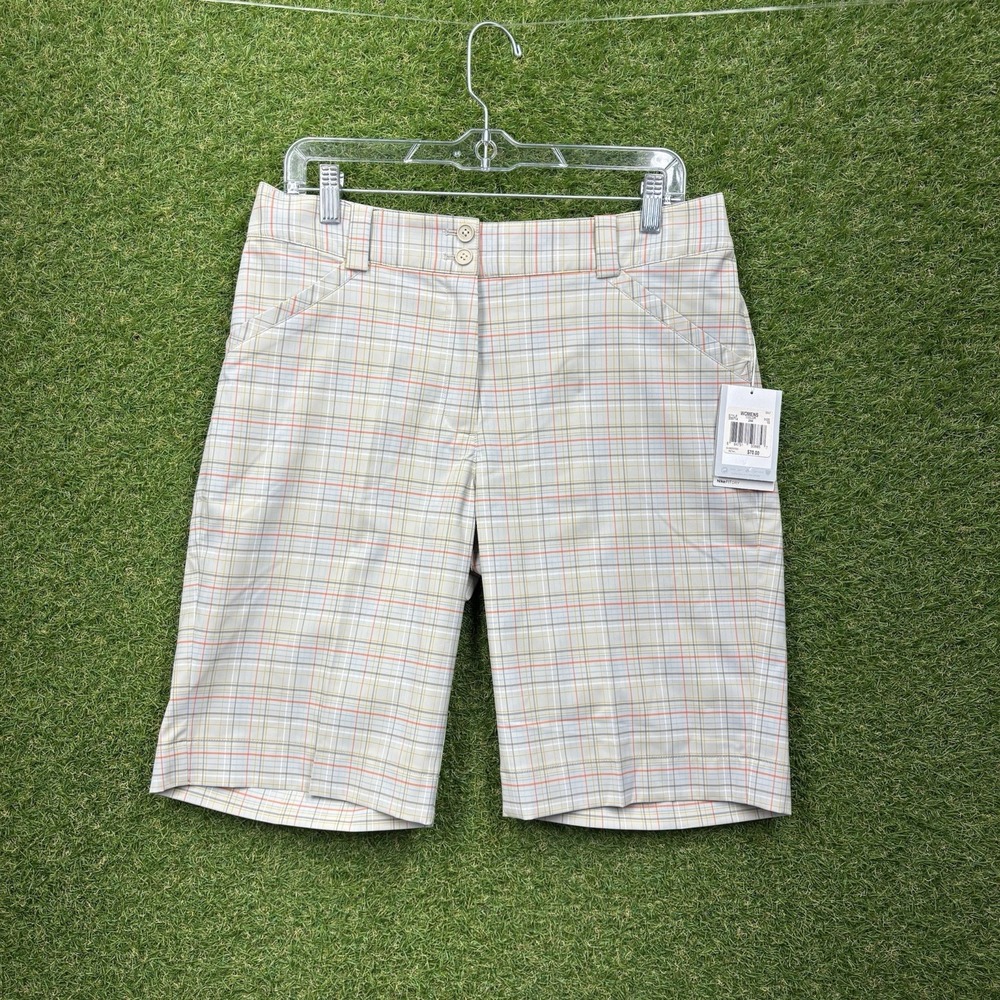 Nike Dri-Fit Golf Shorts Womens 10 Orange Beige Plaid Tour Performance New